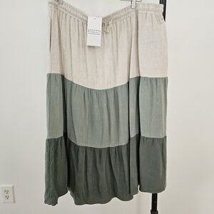 Ninexis Skirt 3X Plus Size Tiered Midi Green Cream Cotton & Linen Pockets NWT